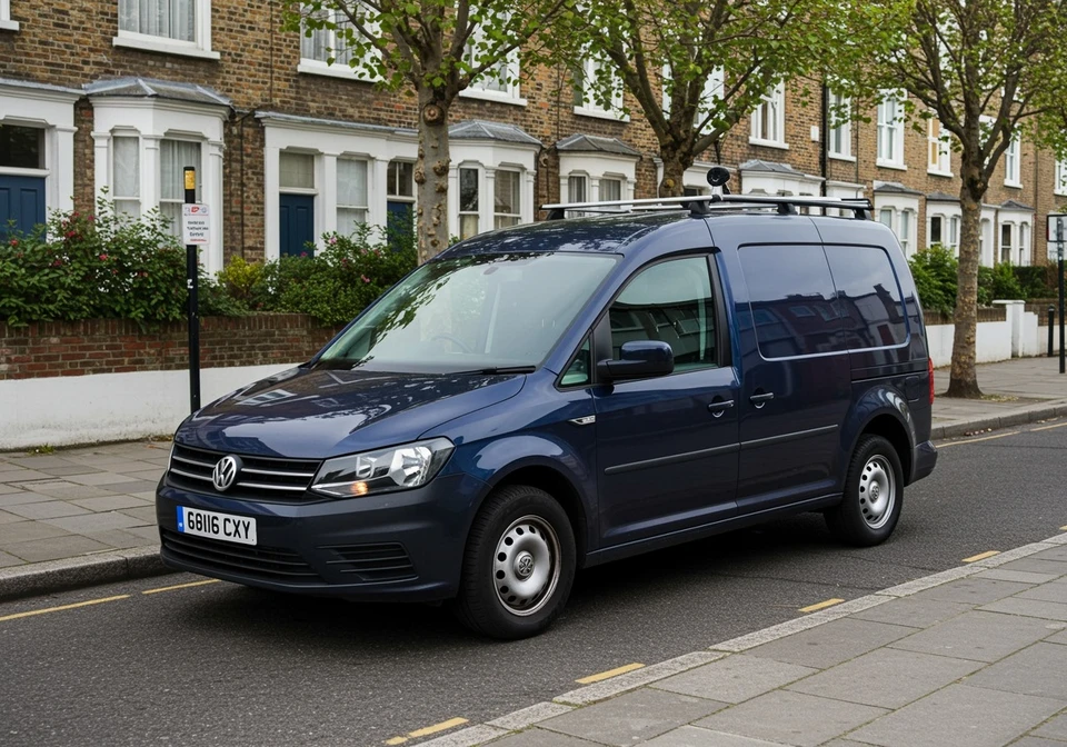Scène extérieure urbaine : fourgonnette commerciale Volkswagen Caddy bleu marine garée dans rue résidentielle londonienne avec maisons victoriennes en briques