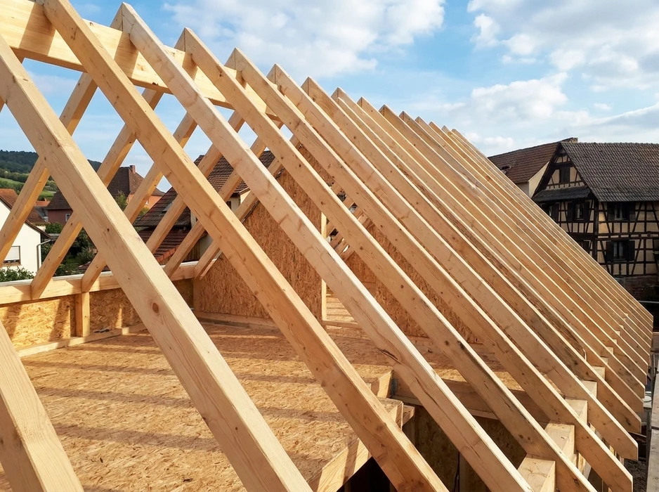 Chantier de construction de toiture en bois, vue extérieure de jour