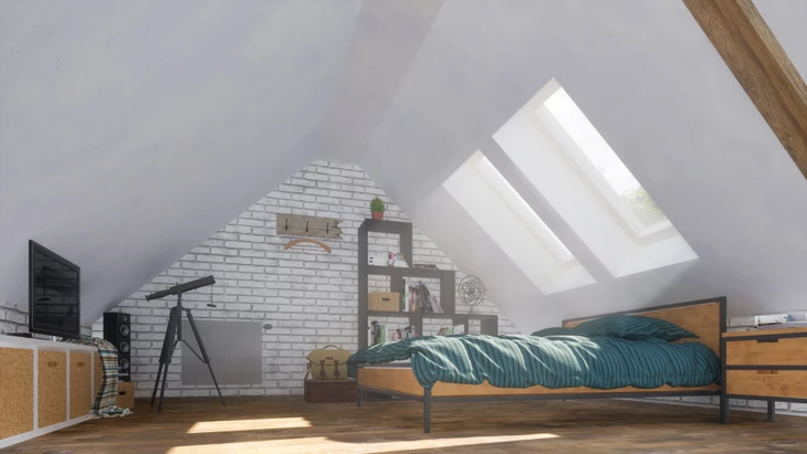 Chambre mansardée moderne avec lit double à structure métallique et bois