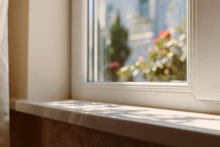 Seuil de fenêtre ensoleillé avec vue sur le jardin flou