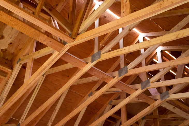 Intérieur d'un bâtiment en construction montrant une charpente en bois
