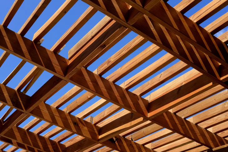 Structure de charpente en bois en cours de construction sous ciel bleu, vue depuis l'intérieur