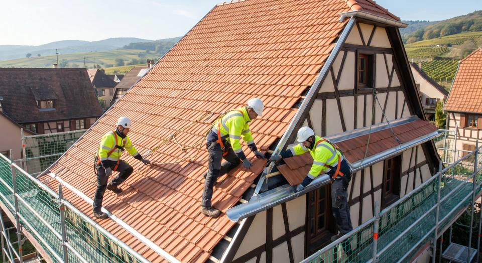Photographie d'une équipe de deux ou trois couvreurs professionnels en tenue de travail avec équipements de sécurité (casques, harnais) travaillant ensemble sur une toiture en pente lors d'une intervention de rénovation. On voit les artisans en action sur la charpente ou posant des tuiles en terre cuite, avec un bâtiment résidentiel alsacien en arrière-plan. L'image capture le professionnalisme et la collaboration de l'équipe dans un contexte réaliste de chantier de couverture.