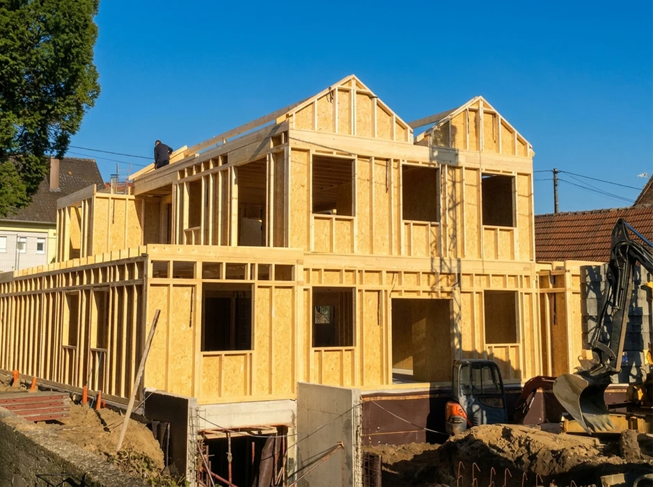 Chantier de construction d'une maison à ossature bois, deux niveaux, en cours d'érection