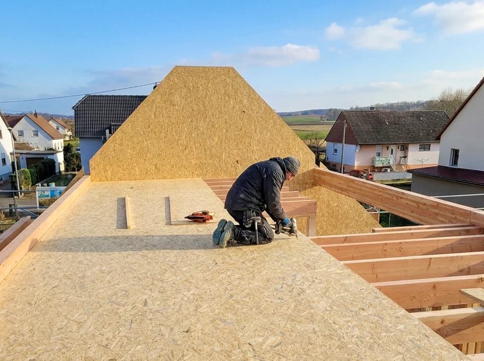 Scène d'intérieur montrant un espace de travail d'architecte ou maçon avec plans techniques étalés, maquette de maison à ossature bois, briques perforées empilées, niveau à bulle jaune et truelle à manche en bois